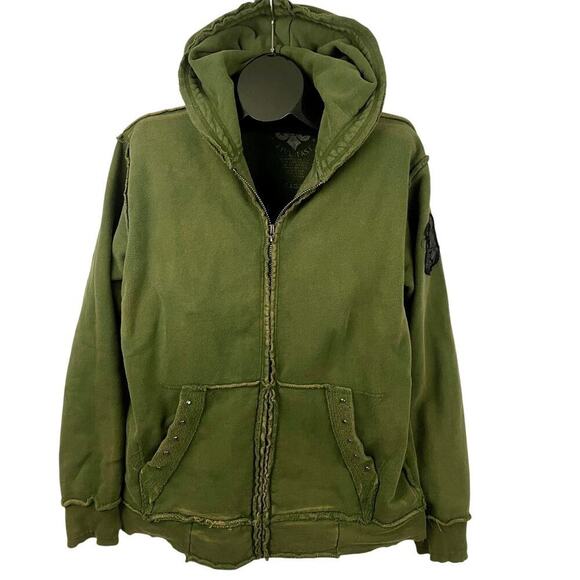 Affliction Green Skull Hoodie Full Zip Light Jacket M Grunge Y2K Distressed Mens - Picture 1 of 16
